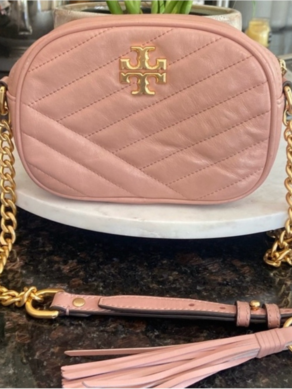 Tory Burch Kira Chevron Pink Leather Camera Crossbody Bag